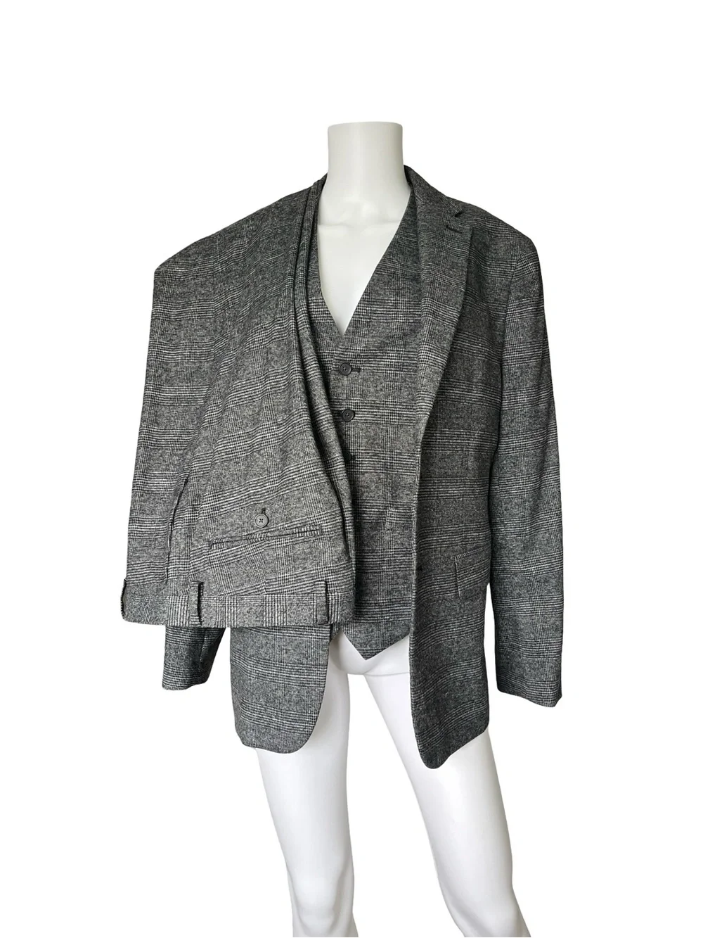 Banana Republic Factory Three Piece Suit Gray Plaid Neutral Academia Mens